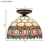 Tiffany-Style Stained Glass Floral Ceiling Fixture: Bronze Flush Mount With Single Bulb