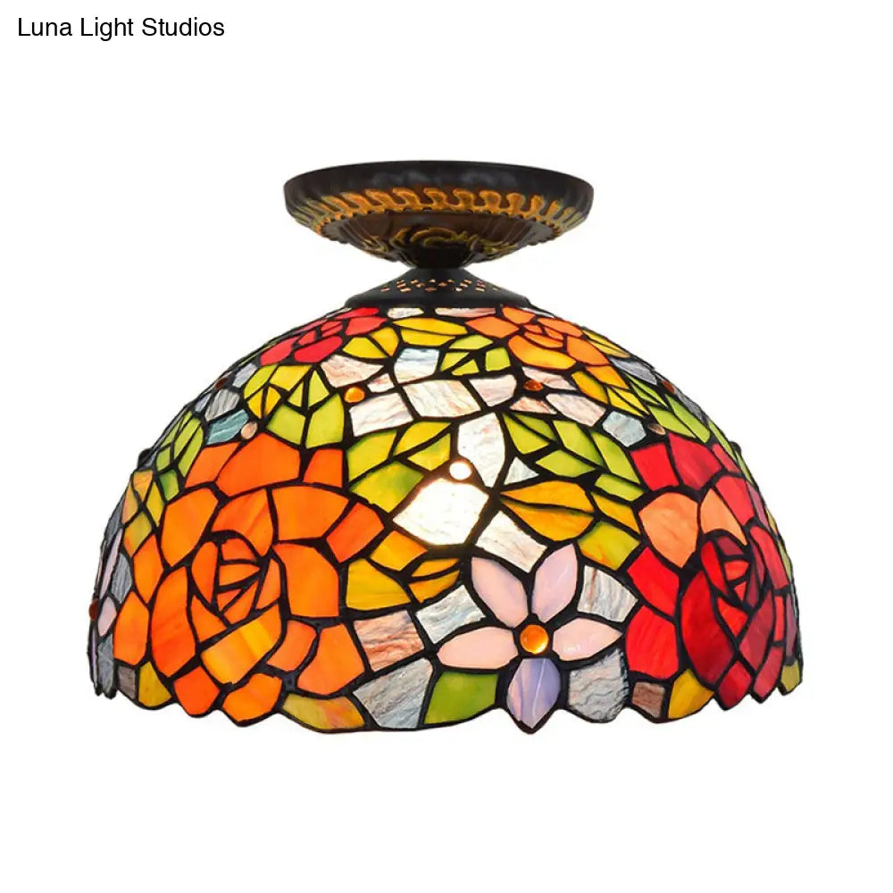 Tiffany-Style Stained Glass Floral Ceiling Fixture: Bronze Flush Mount With Single Bulb