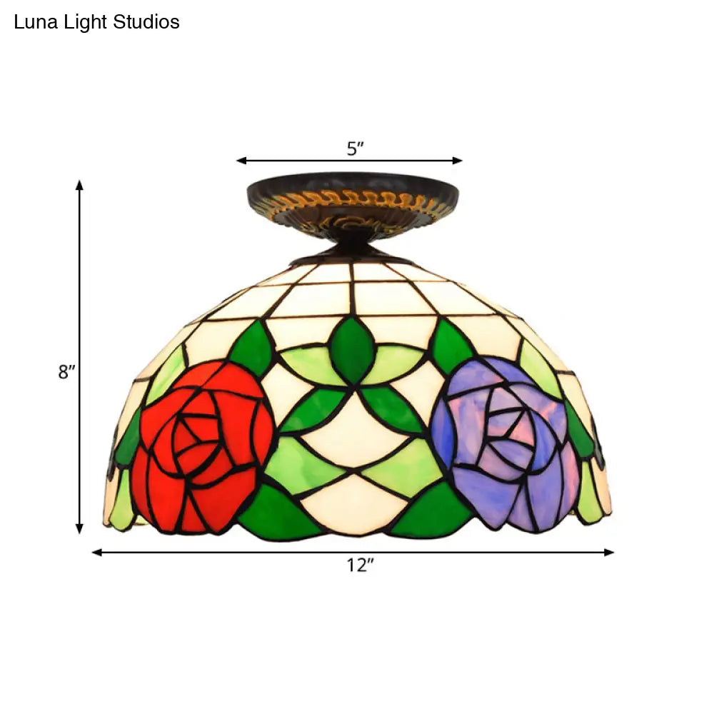 Tiffany-Style Stained Glass Floral Ceiling Fixture: Bronze Flush Mount With Single Bulb