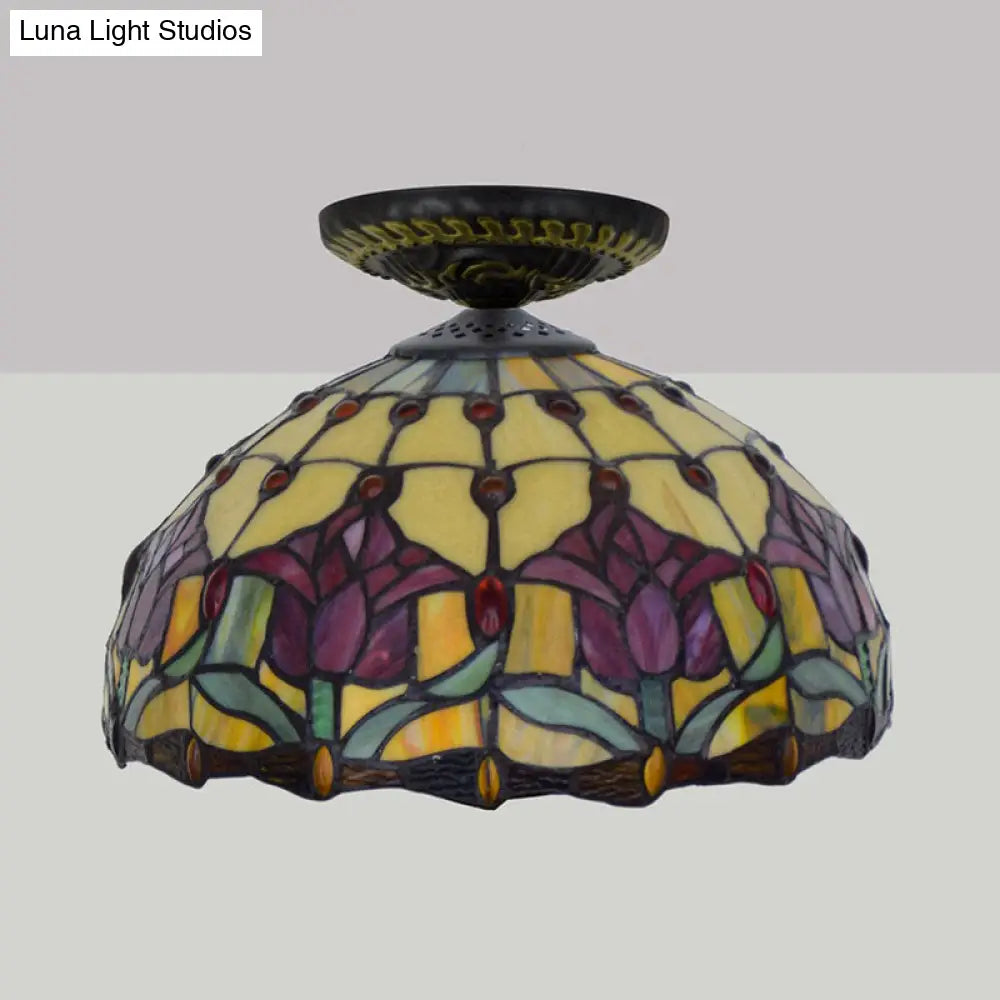 Tiffany-Style Stained Glass Floral Ceiling Fixture: Bronze Flush Mount With Single Bulb