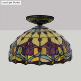 Tiffany-Style Stained Glass Floral Ceiling Fixture: Bronze Flush Mount With Single Bulb