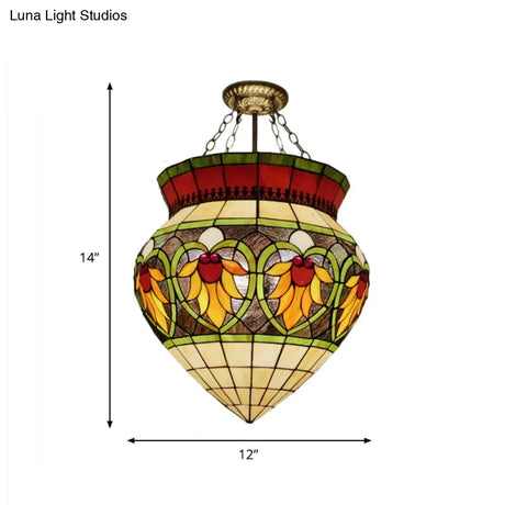 Tiffany Style Stained Glass Flower Semi Flush Mount Light - Green Ideal For Corridor Ceiling
