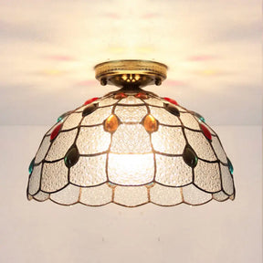 Tiffany Style Stained Glass Flush Ceiling Light With Scalloped Bowl Design Antique Bronze / Gem