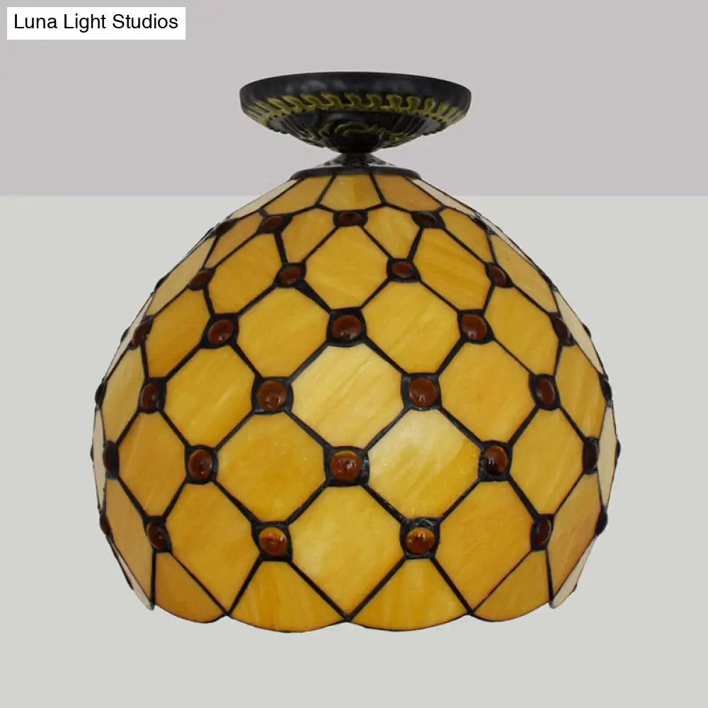 Tiffany-Style Stained Glass Jeweled Ceiling Light In Bronze Flush Mount Multiple Sizes Available