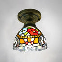 Tiffany Style Stained Glass Semi Flush Ceiling Light Fixture With Bowl Shade Red / 6’
