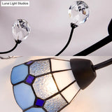 Tiffany Style Stained Glass Semi Flush Light - Blue/Orange Bowl Design Ideal For Bedrooms