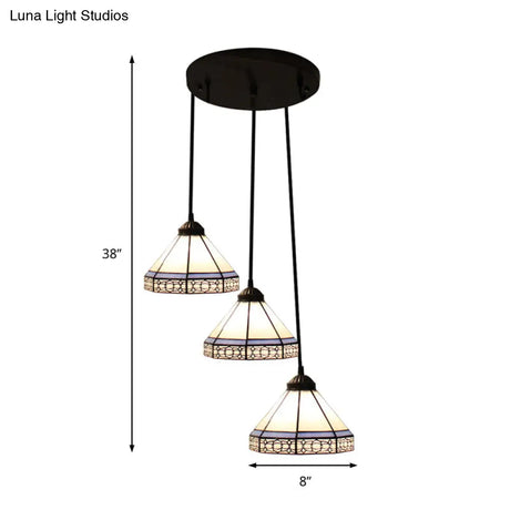 Tiffany-Style Stained Glass Swag Lamp: Blue & White Cluster Pendant Light (3 Heads) With Canopy