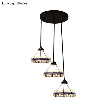 Tiffany-Style Stained Glass Swag Lamp: Blue & White Cluster Pendant Light (3 Heads) With Canopy