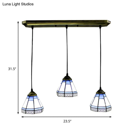 Tiffany-Style Stained Glass Swag Lamp: Blue & White Cluster Pendant Light (3 Heads) With Canopy