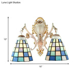 Tiffany Style Stained Glass Wall Sconce: 2-Light Cone With White Grid Pattern Finish