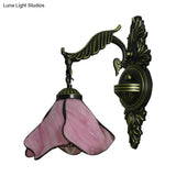 Tiffany Style Stained Glass Wall Sconce Light In Aged Brass - Clear/Pink/Light Blue/Dark Blue/Beige