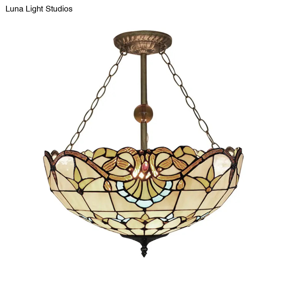 Tiffany-Style Victorian Ceiling Fixture For Study Room With Multi-Colored Glass Semi Flush Mount