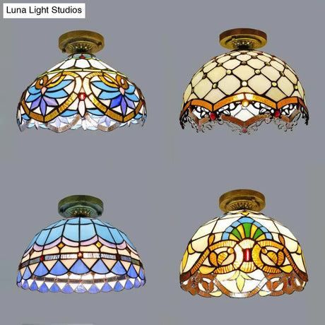 Tiffany Style Victorian/Flower/Pearl/Baroque Flush Mount Lamp With Stained Glass Shade - Antique