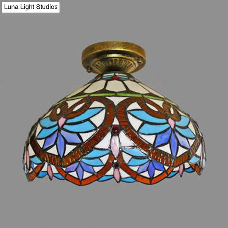 Tiffany Style Victorian/Flower/Pearl/Baroque Flush Mount Lamp With Stained Glass Shade - Antique