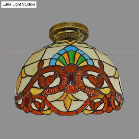 Tiffany Style Victorian/Flower/Pearl/Baroque Flush Mount Lamp With Stained Glass Shade - Antique