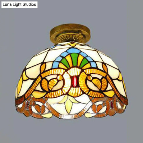Tiffany Style Victorian/Flower/Pearl/Baroque Flush Mount Lamp With Stained Glass Shade - Antique