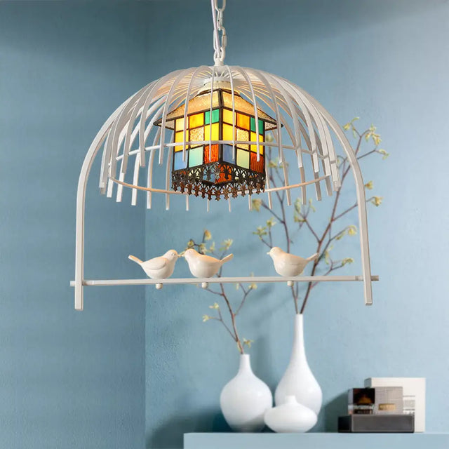 Tiffany Style White Bird Cage Pendant Light With Stainless Glass Ceiling Lamp