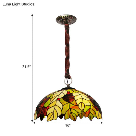 Tiffany Style Yellow Chandelier Light: Handcrafted Art Glass Drop Lamp With Jewel Deco - 3-Head