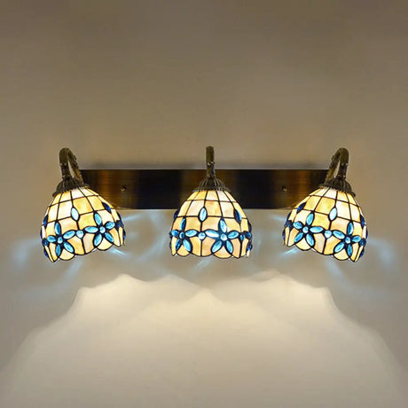 Tiffany Vanity Wall Sconce - Aged Brass With Natural Shell Shade And Mirror Lights 3 / Royal Blue