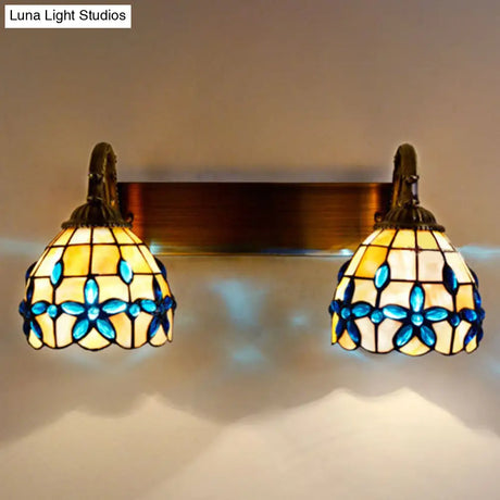 Tiffany Vanity Wall Sconce - Aged Brass With Natural Shell Shade And Mirror Lights