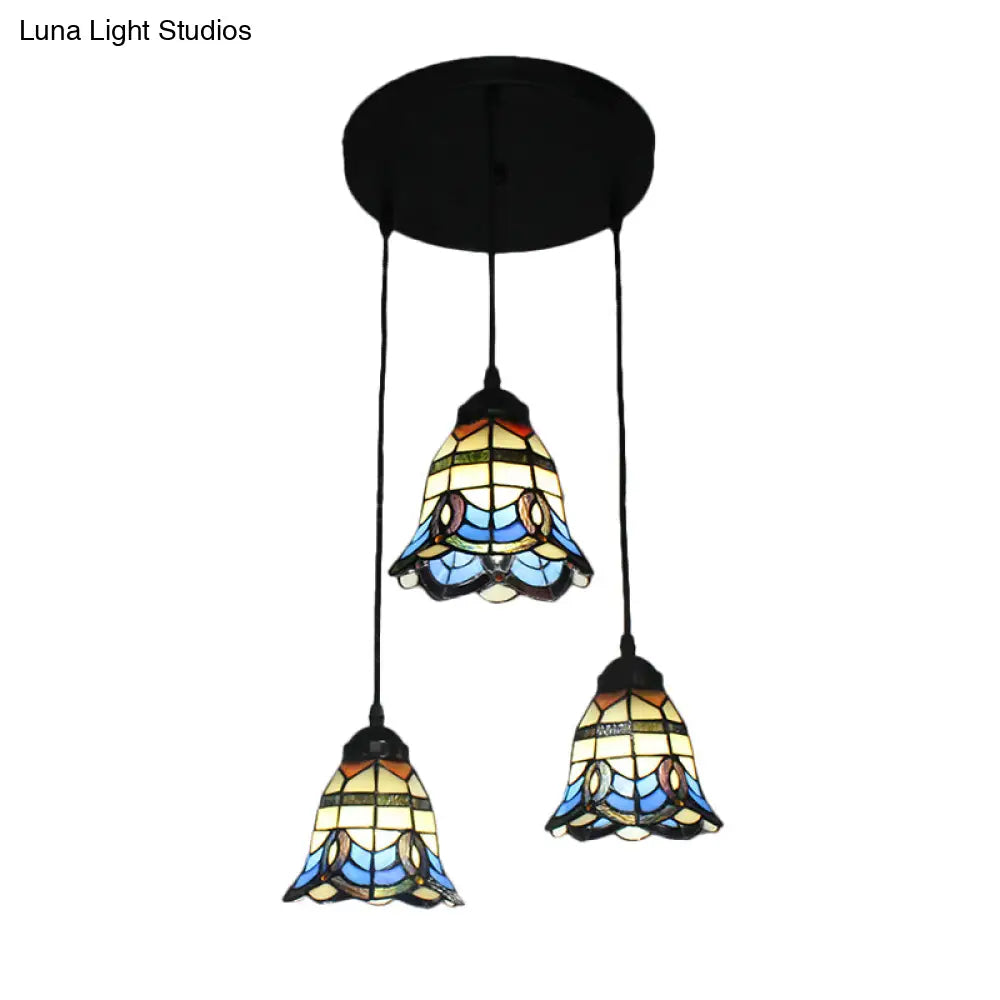 Tiffany Victorian Bell Shade Stained Glass Pendant Light - Blue 3 Heads Hotel Style