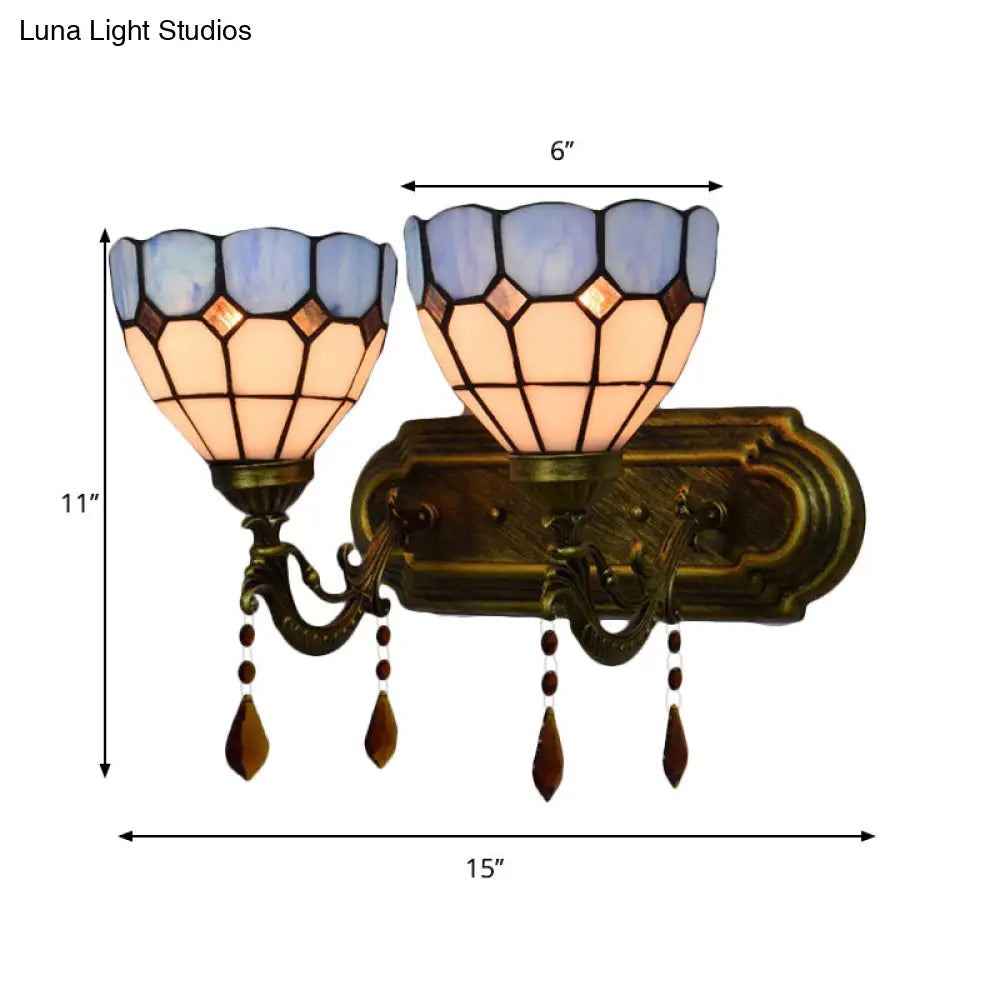 Tiffany Vintage Art Glass Bowl Wall Lamp With Agate Accent - 2-Bulb In Beige/Brown/Blue Shades For