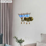 Tiffany Vintage Art Glass Bowl Wall Lamp With Agate Accent - 2-Bulb In Beige/Brown/Blue Shades For
