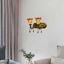 Tiffany Vintage Art Glass Bowl Wall Lamp With Agate Accent - 2-Bulb In Beige/Brown/Blue Shades For