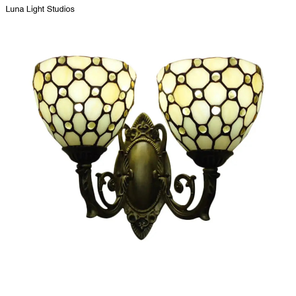 Tiffany Vintage Beige Wall Lamp With 2 Glass Heads: Restaurant Grid Shade Sconce Light