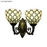 Tiffany Vintage Beige Wall Lamp With 2 Glass Heads: Restaurant Grid Shade Sconce Light