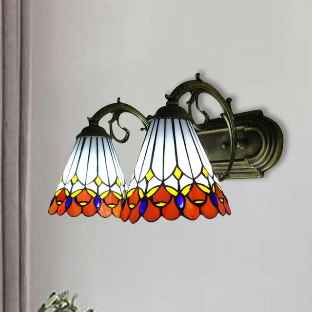 Tiffany Vintage Orange Wall Sconce With Cone Shade - 2-Light Art Glass Light For Bathroom