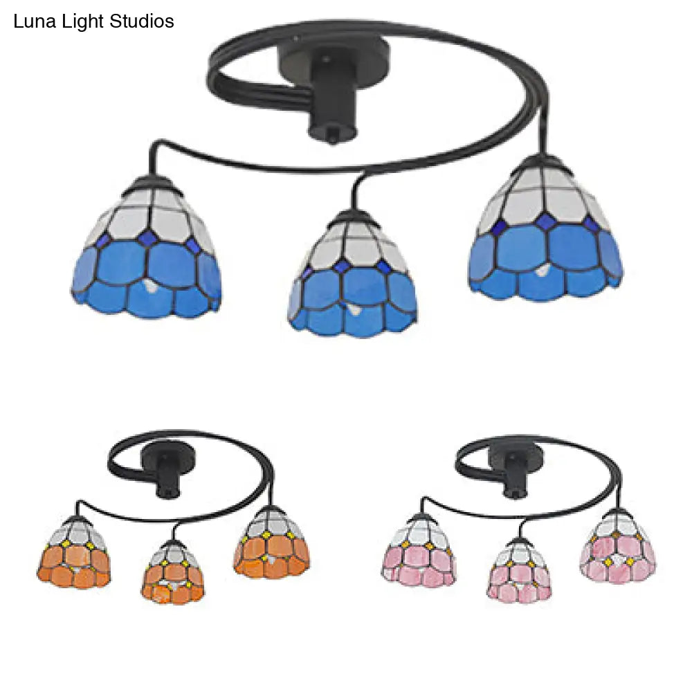 Tiffany Vintage Stained Glass Semi Flush Light Fixture - 3/5-Light Bowl Design For Bedroom Décor