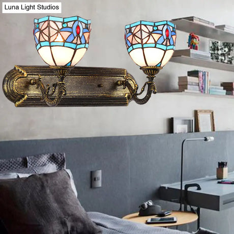 Tiffany Vintage Stained Glass Wall Lamp With 2 Blue Sconces For Living Room