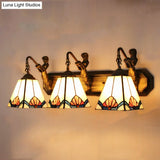 Tiffany White Glass Trapezoid Wall Mount Light With Mermaid Decoration - 3 Lights Brass Vanity