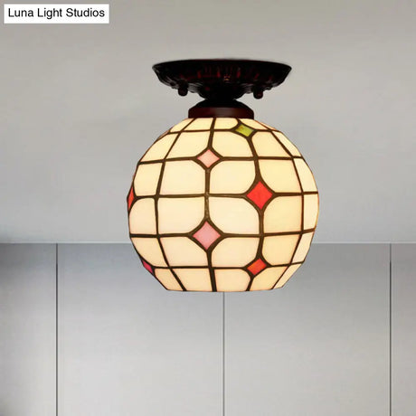 Tiffany White Grid Glass Flush Mount Ceiling Light With Jewels