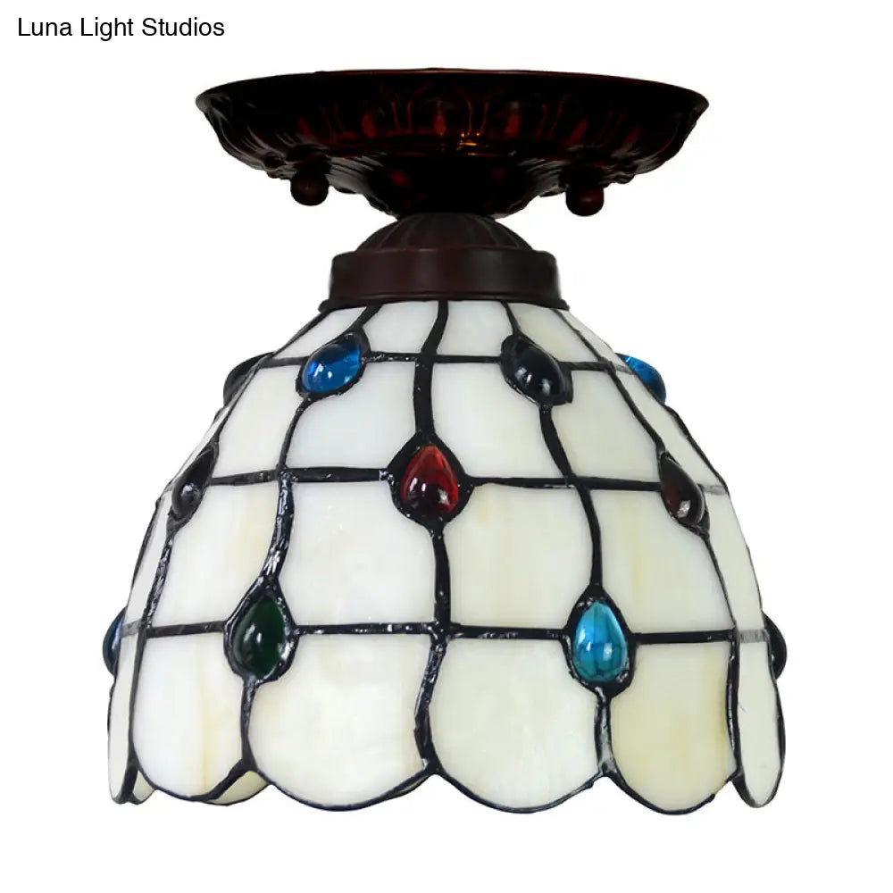 Tiffany White Grid Glass Flush Mount Ceiling Light With Jewels