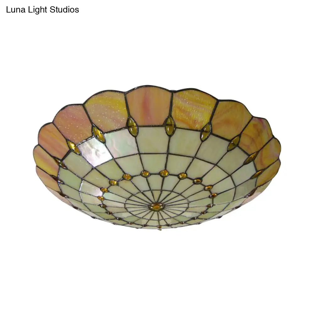 Tiffany Yellow Dome Shade Flush Mount Ceiling Light With Jewel Decoration - Available In 3 Sizes