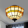 Tiffany Yellow Glass Lattice Bowl Flush Mount Ceiling Light For Study Room