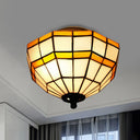 Tiffany Yellow Glass Lattice Bowl Flush Mount Ceiling Light For Study Room