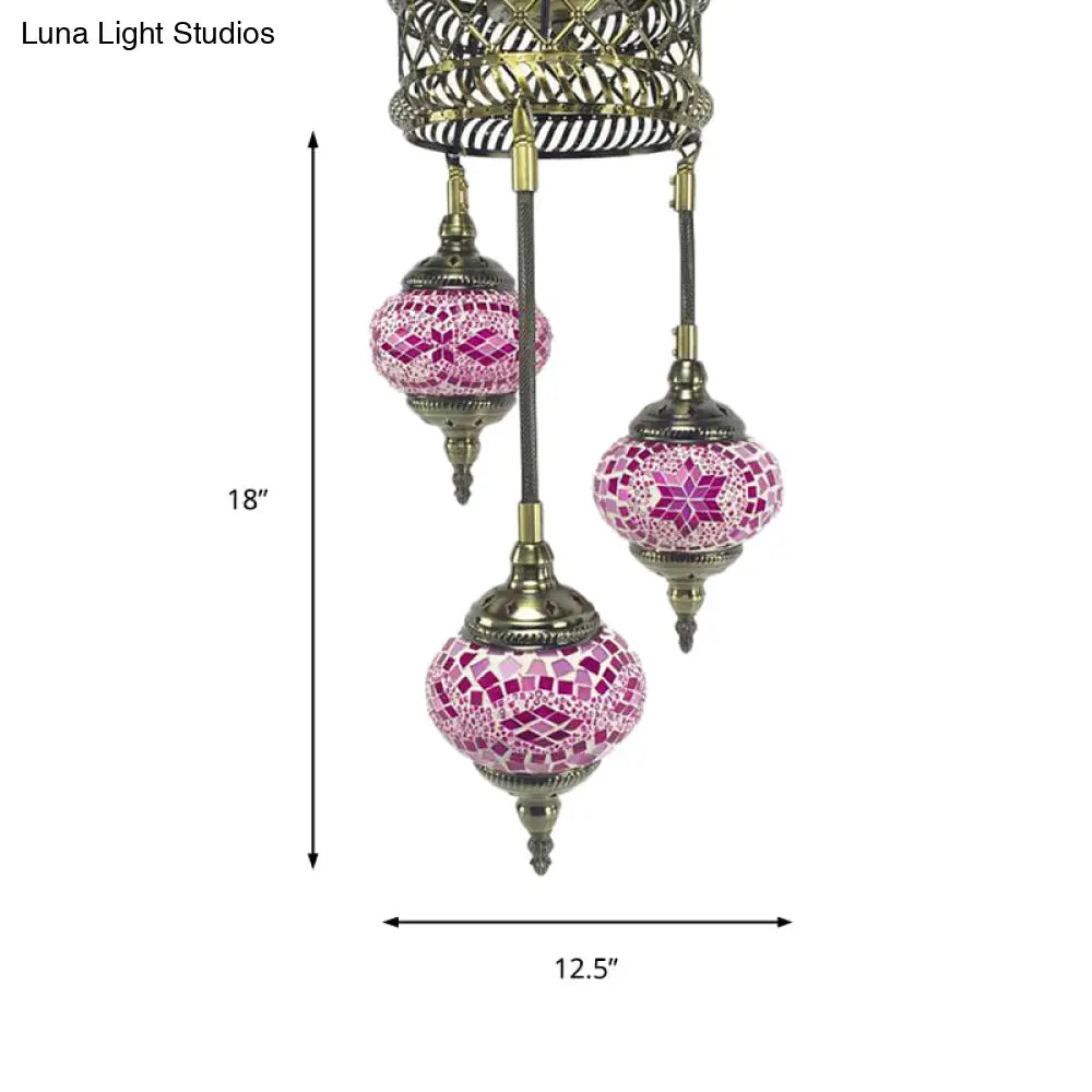 Tradition Pink/Red-Blue-Coffee Glass 3-Bulb Sphere Ceiling Chandelier - Elegant Suspended Lighting