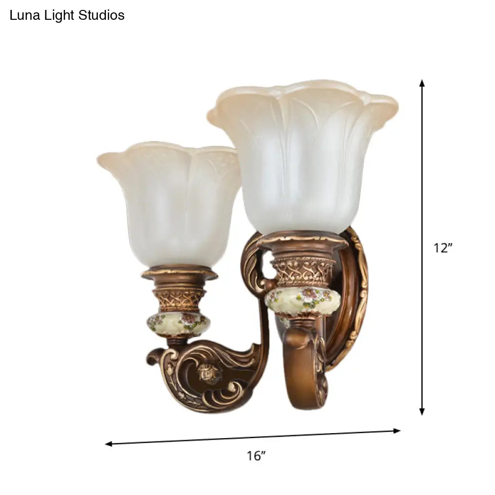 Traditional 1/2-Light Floral Wall Sconce With Cream Glass Shade - Brown Bedroom Lamp