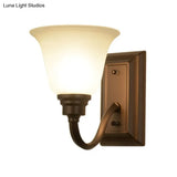 Traditional 1-Light Cream Glass Bedside Wall Lamp With Brown Flared Shape