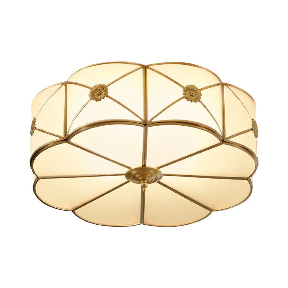 Traditional 1-Tiered White Glass & Gold Flush Mount Chandelier - 3/4/6 Bulbs (14/18/23.5 Width)