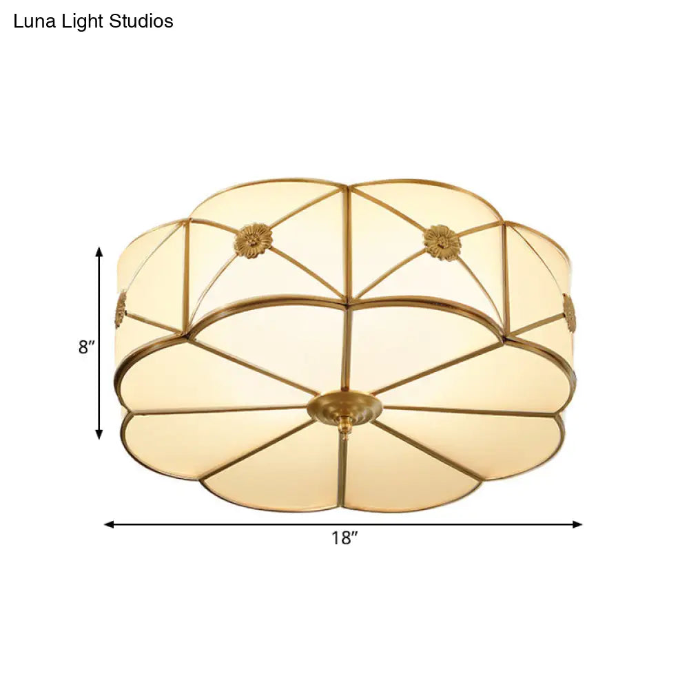 Traditional 1-Tiered White Glass & Gold Flush Mount Chandelier - 3/4/6 Bulbs (14’/18’/23.5’ Width)