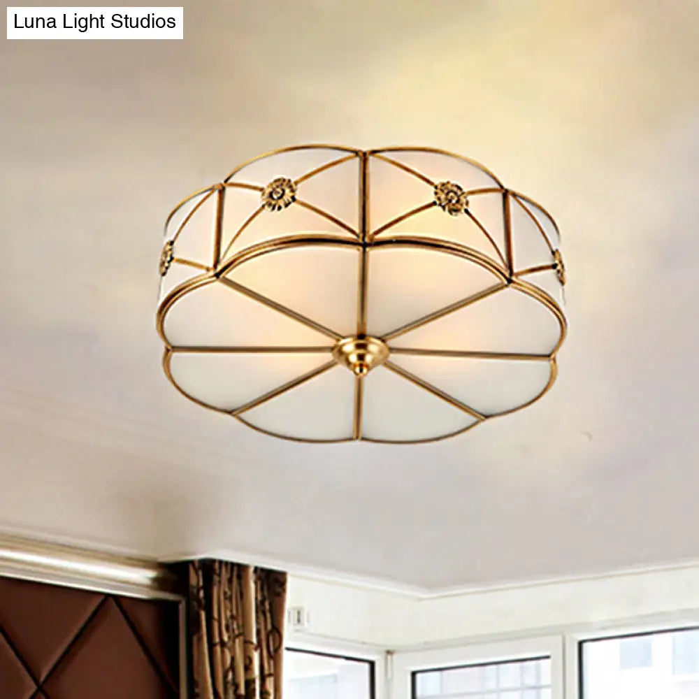 Traditional 1-Tiered White Glass & Gold Flush Mount Chandelier - 3/4/6 Bulbs (14’/18’/23.5’ Width)