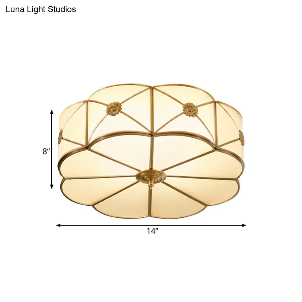 Traditional 1-Tiered White Glass & Gold Flush Mount Chandelier - 3/4/6 Bulbs (14’/18’/23.5’ Width)