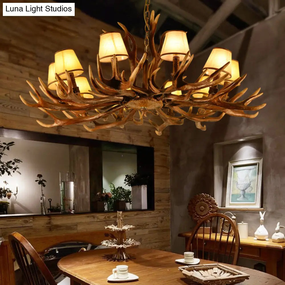 Traditional 10-Bulb Conical Resin Pendant Light Chandelier For Dining Room In Brown