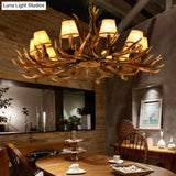 Traditional 10-Bulb Conical Resin Pendant Light Chandelier For Dining Room In Brown