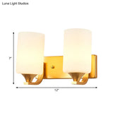 Traditional 2-Bulb Gold Wall Lamp With Milky Glass Cylindrical Fixture