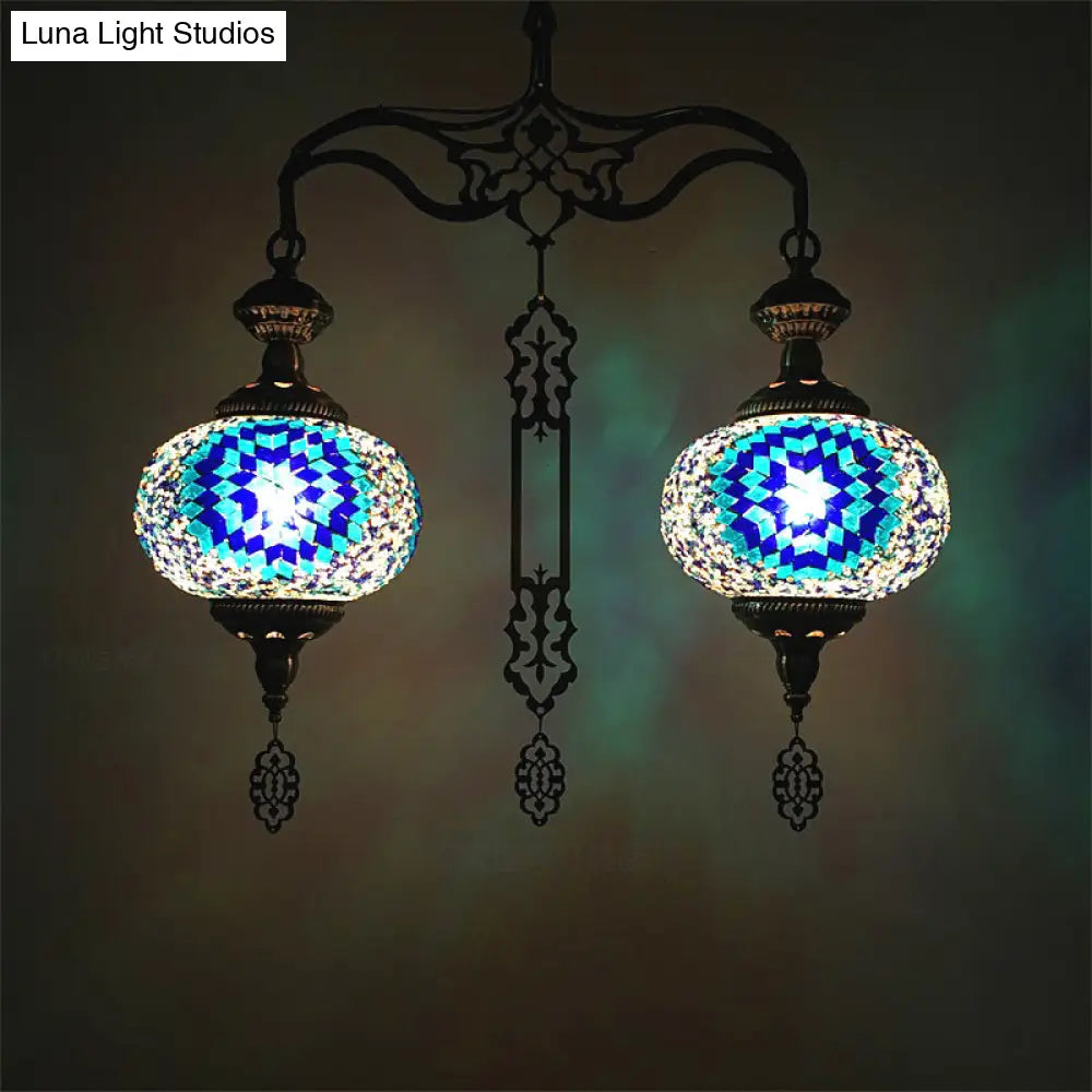 Traditional 2-Head Red/Blue Glass Chandelier Pendant Light For Hallway - Global